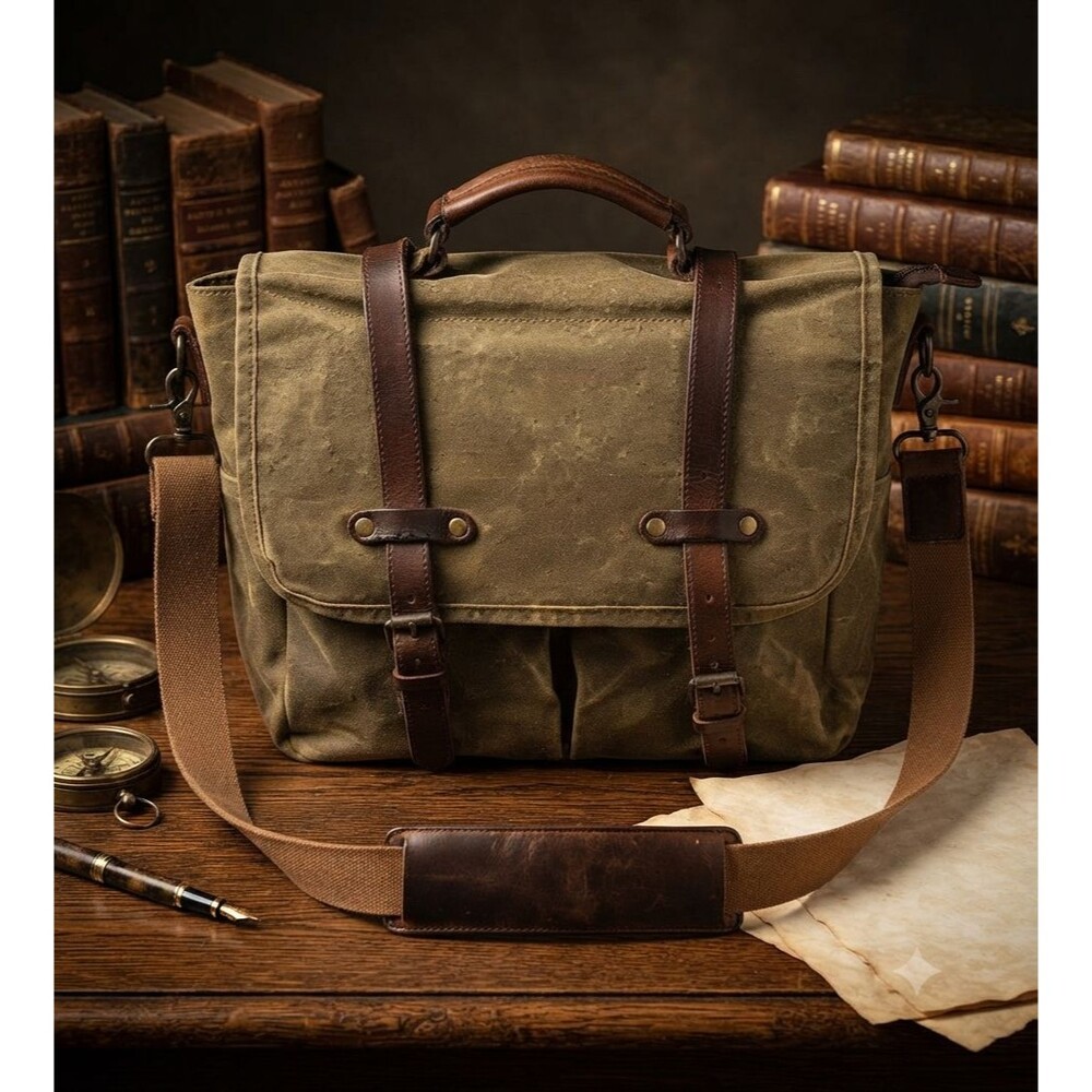 Newhey Waterproof Waxed Canvas Messenger Bag Olive Army Green Laptop Briefcase